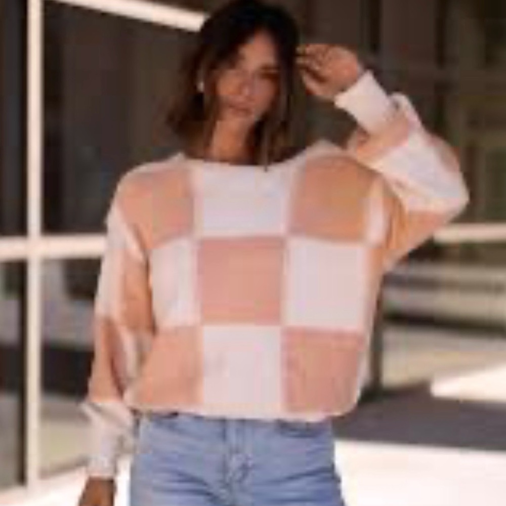 Billabong Check Please Color Block Sweater - Pink coral and Off White medium